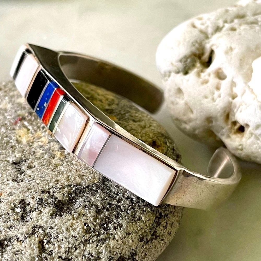 Vintage Navajo Native American Multi-stone MOP, Onyx, Coral, Lapis Cuff Bracelet